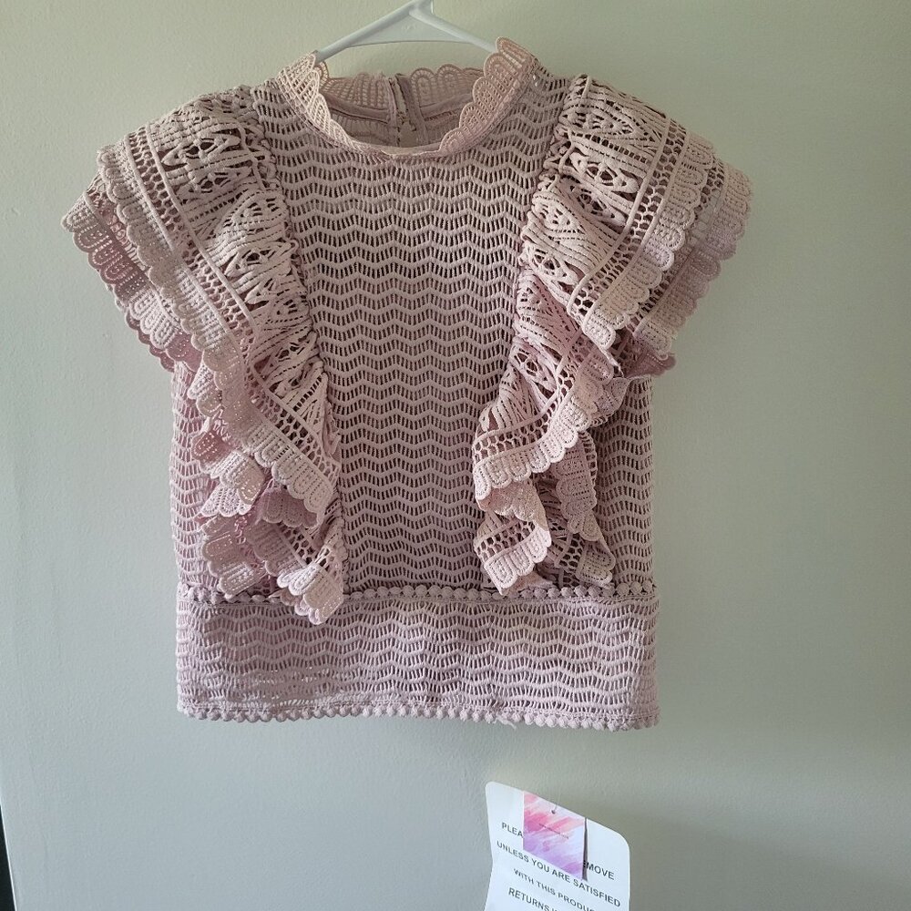 CHICWISH Tiered Ruffle Crochet Mock Neck Sleeveless Top in Pink NWT